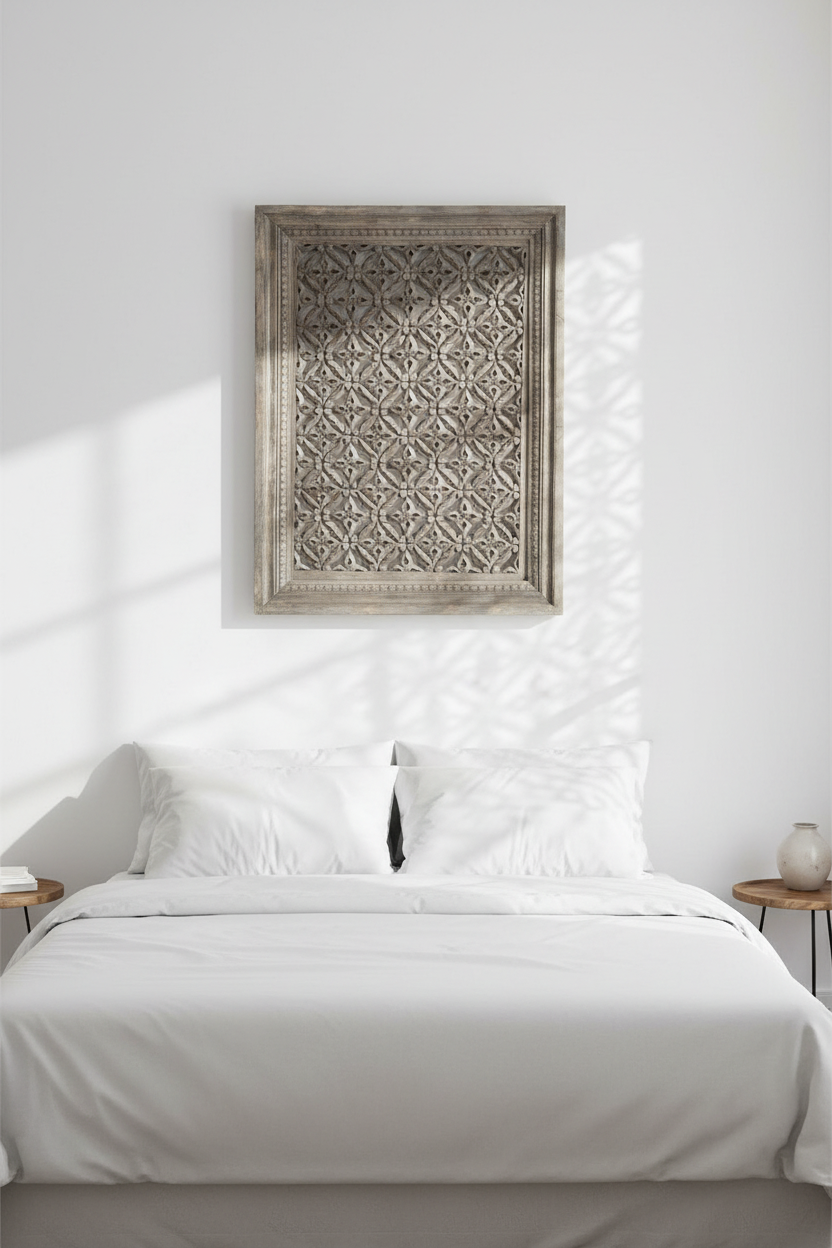 Antique grey-silver framed jali wall panel – white wall with intricate shadow patterns