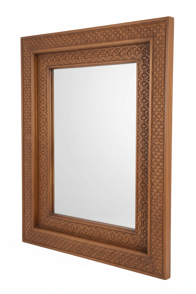 Natural mango wood petal scale mirror – elevated three-quarter white background
