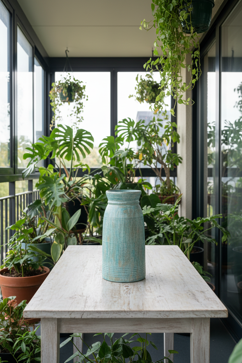 Light green distressed wash mango wood vase on a covered balcony with potted plants