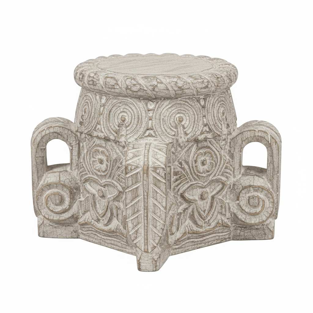 Antique white pedestal stool – 45-degree angle white background