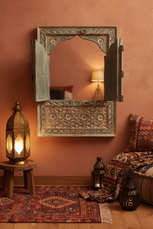 Blue-grey teal Jharokha mirror – open in Moroccan bohemian room