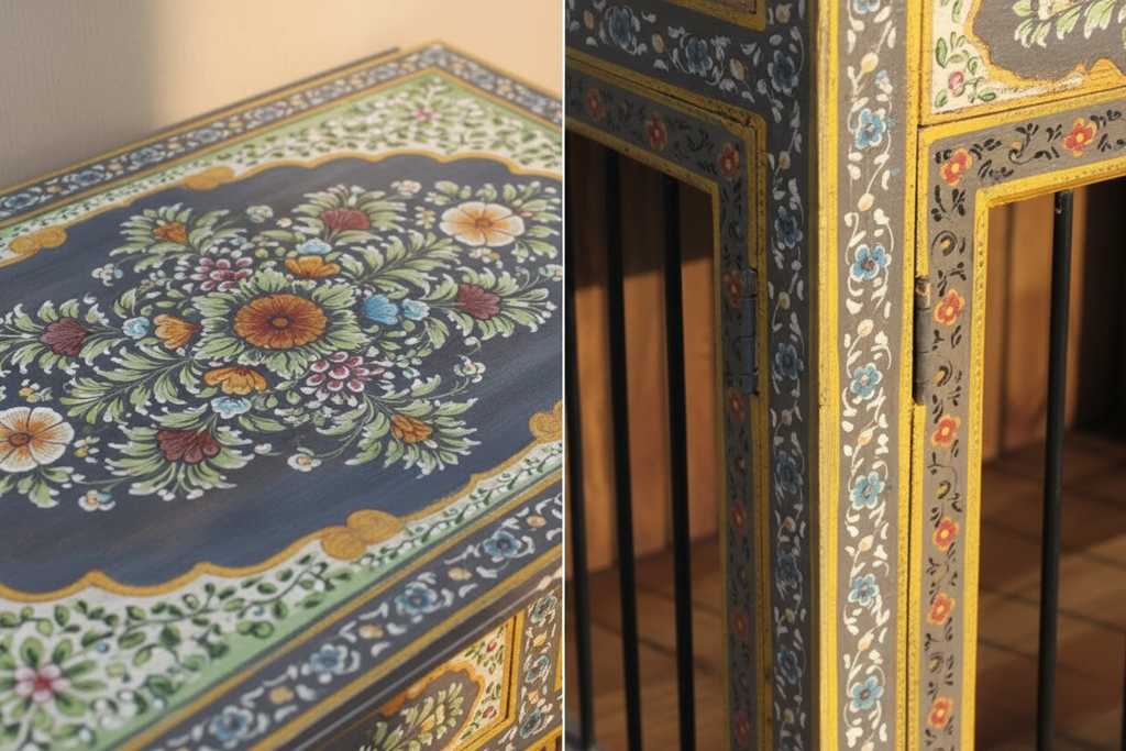 Split close-up: peacock garden medallion on kennel top and dense scrolling floral all-over on frame