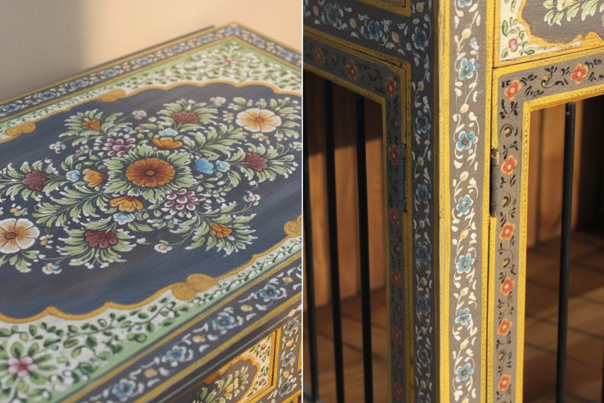 Split close-up: peacock garden medallion on kennel top and dense scrolling floral all-over on frame