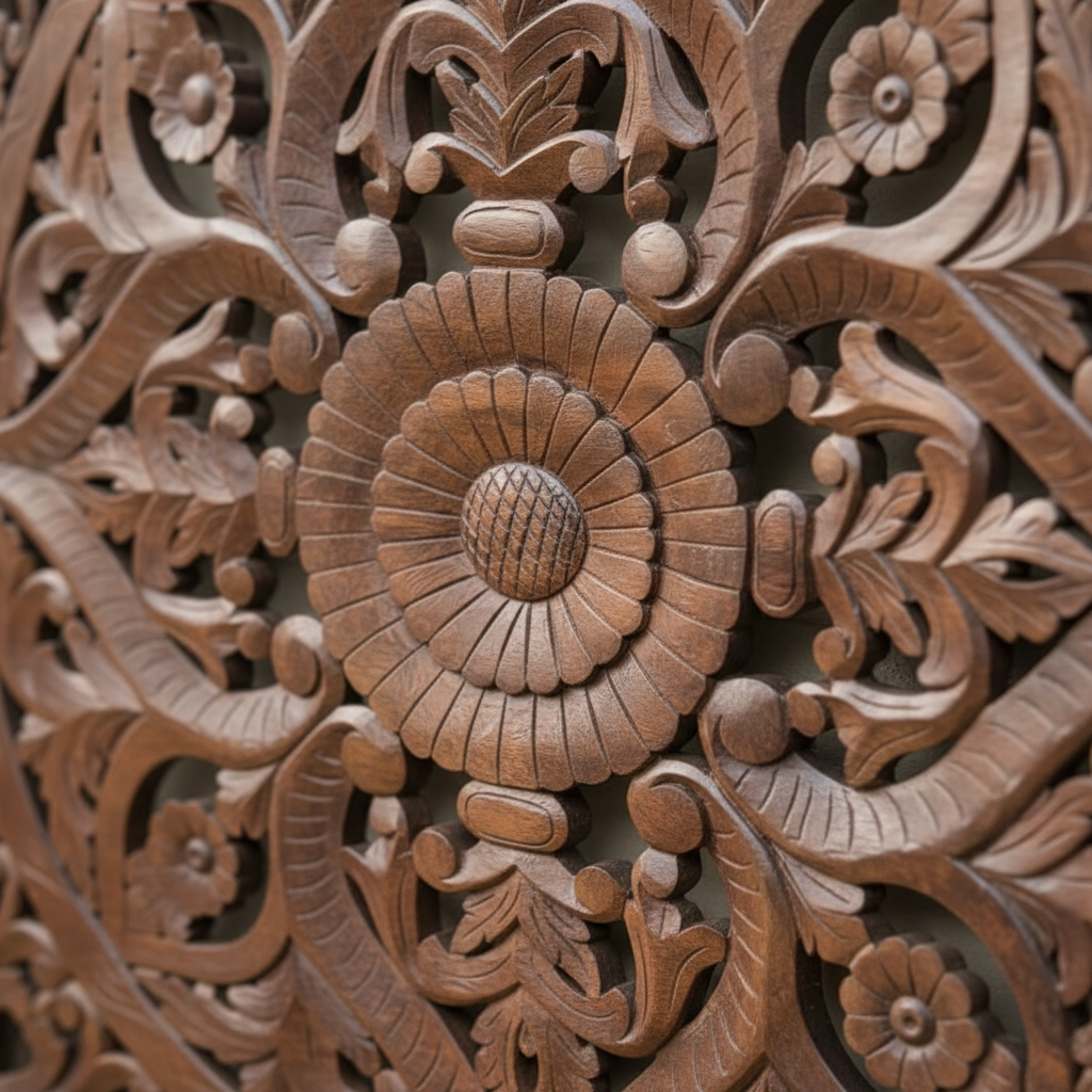 Close-up of hand-carved sunflower mandala and open scrolling acanthus vine cutwork detail