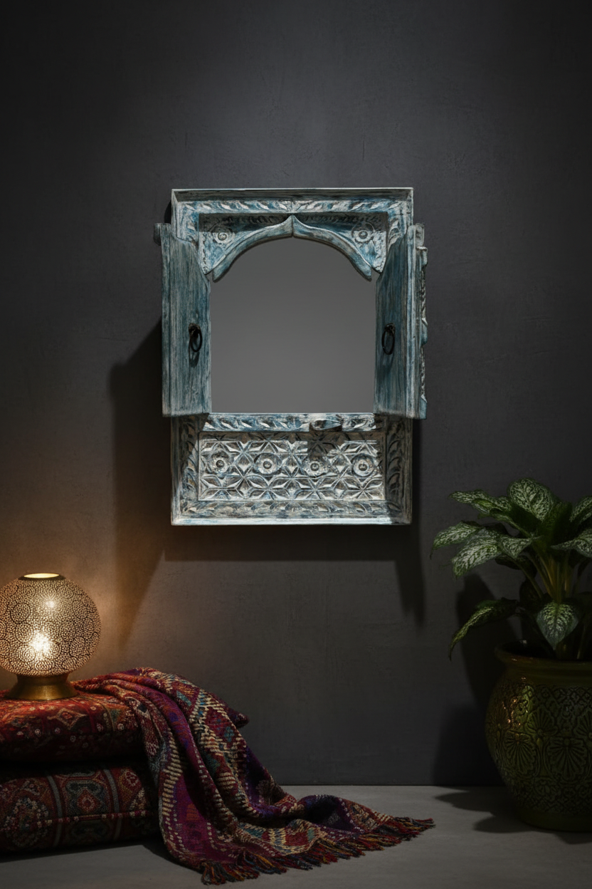 Blue-grey teal Jharokha mirror – moody dark room open