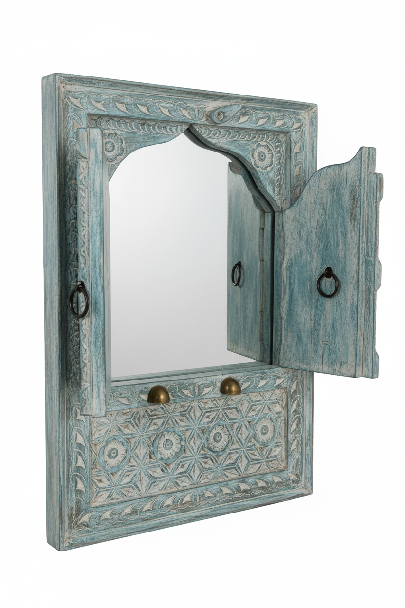 Blue-grey teal Jharokha mirror – open three-quarter white background