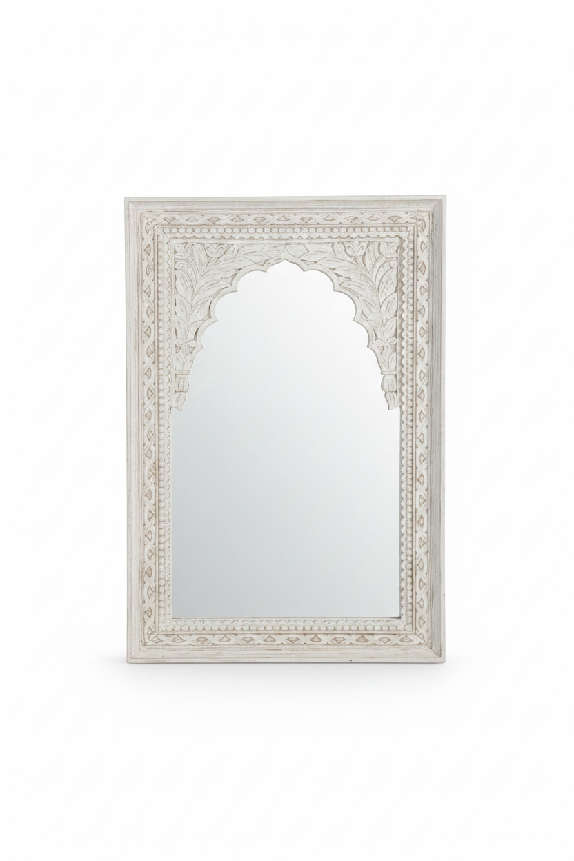 Hand-carved antique white Jharokha mirror – front view white background