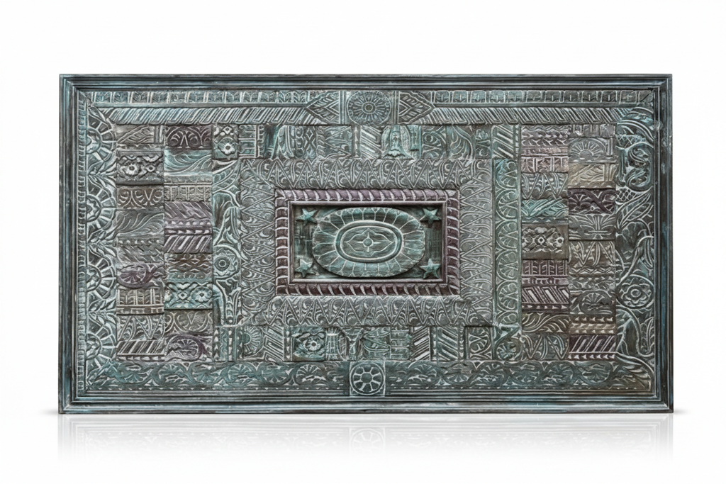 Teal carved wall panel – front-on white background