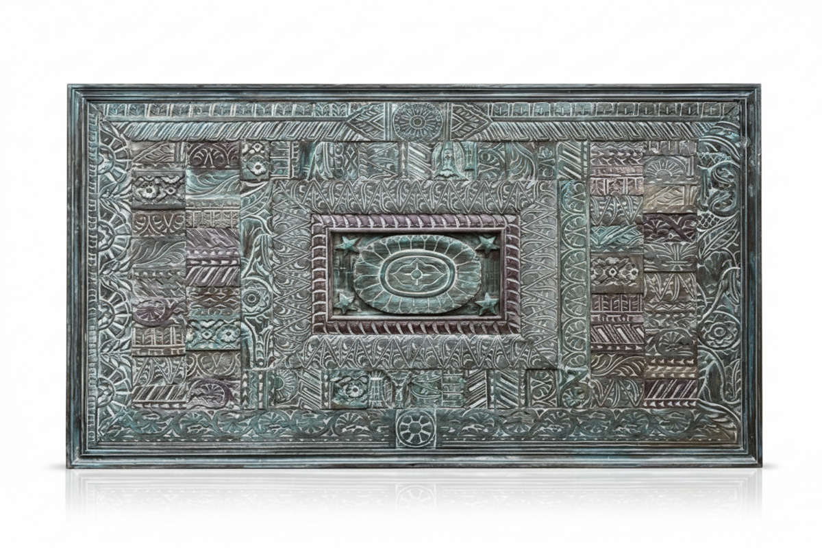 Teal carved wall panel – front-on white background