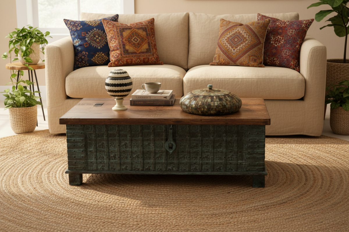 Rajasthani chest – hero as coffee table in bohemian living room