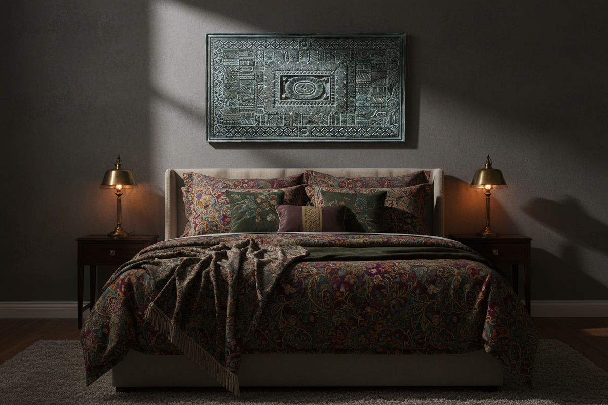 Geometric teal wall panel – moody dark bedroom hung above bed with dramatic raking light