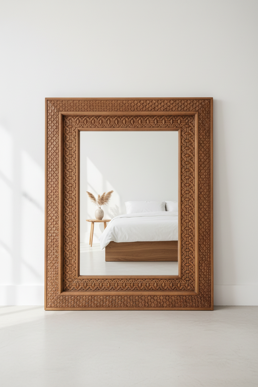 Natural mango wood petal scale mirror – minimalist bedroom with white walls