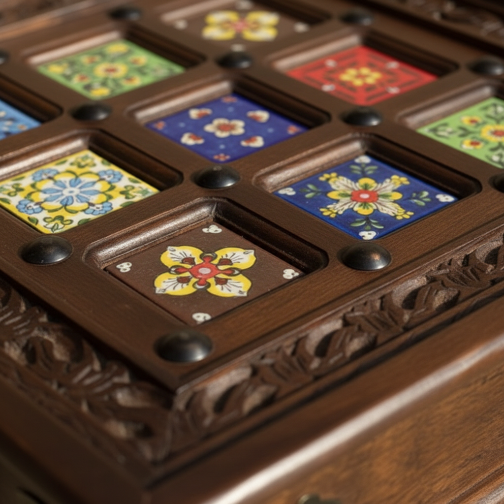 Close-up of hand-painted Blue Pottery tiles in dark wood lattice with turned dome boss