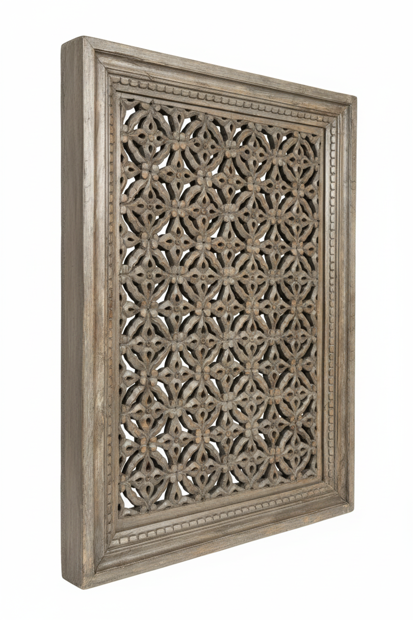 Antique grey-silver framed jali wall panel – left angle white background