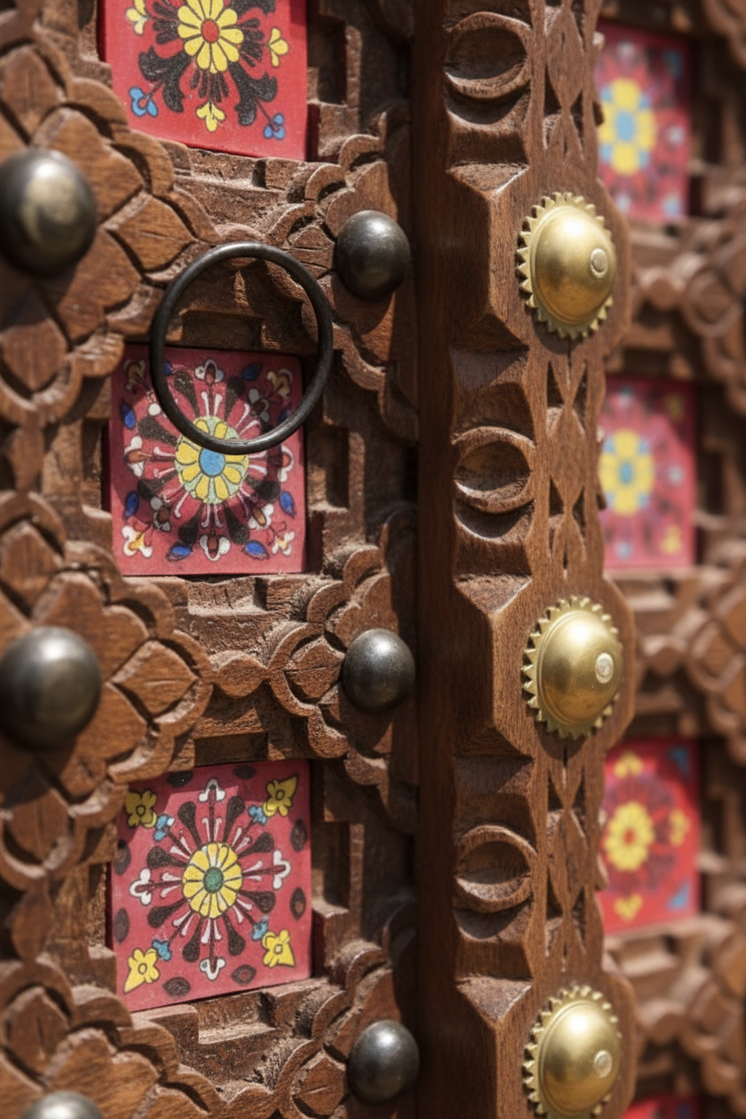 Close-up of pink glass tile inlays in octagonal carved frames and brass dome studs