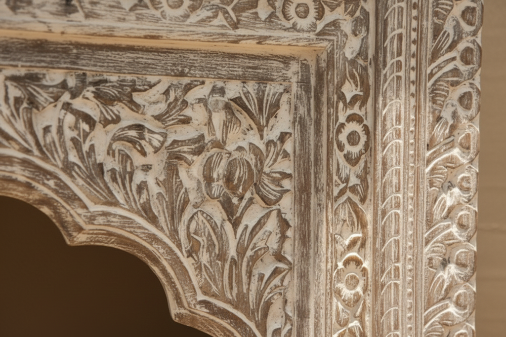 Close-up of hand-carved dense floral vine relief on whitewash Mughal arch console column