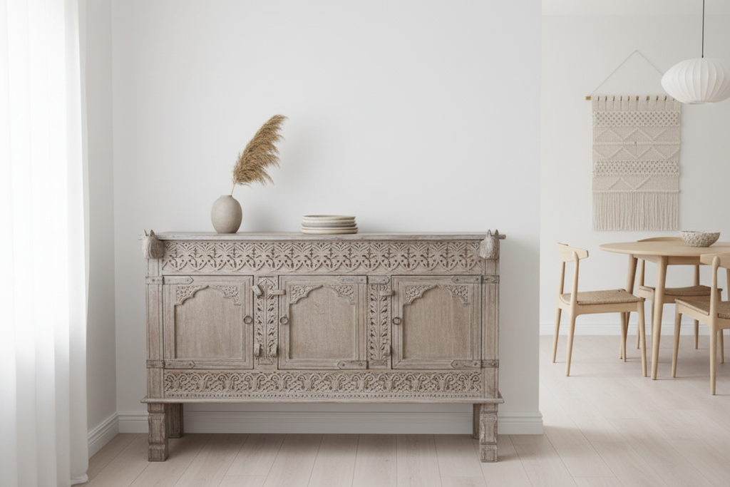 Whitewash three-door sideboard – Scandi-bohemian minimalist dining room
