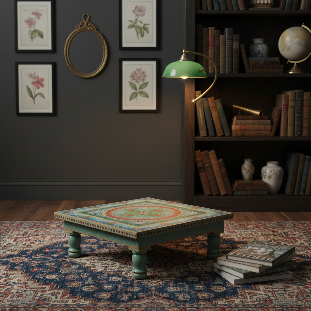 Hand-painted teal Bajot low table – moody eclectic study