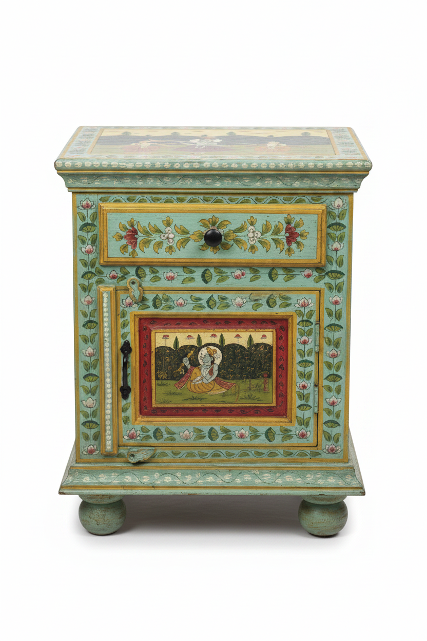 Mughal miniature teal cabinet – front view white background