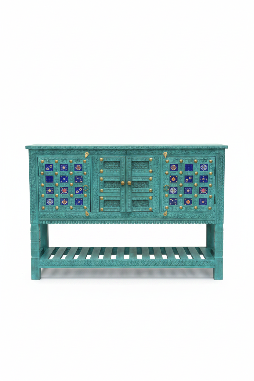 Hand-carved turquoise sideboard with ceramic tile inlays – front view white background