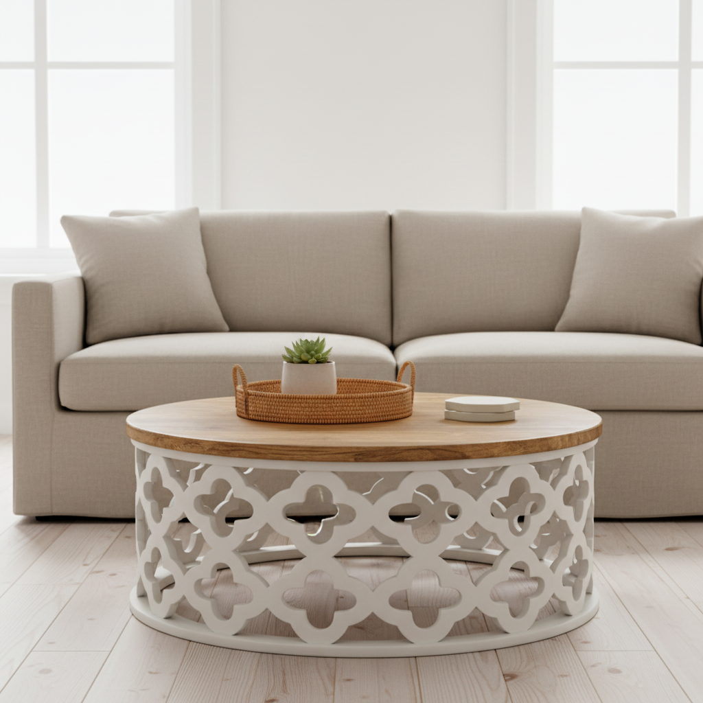 Moroccan drum coffee table – Scandinavian living room with white walls