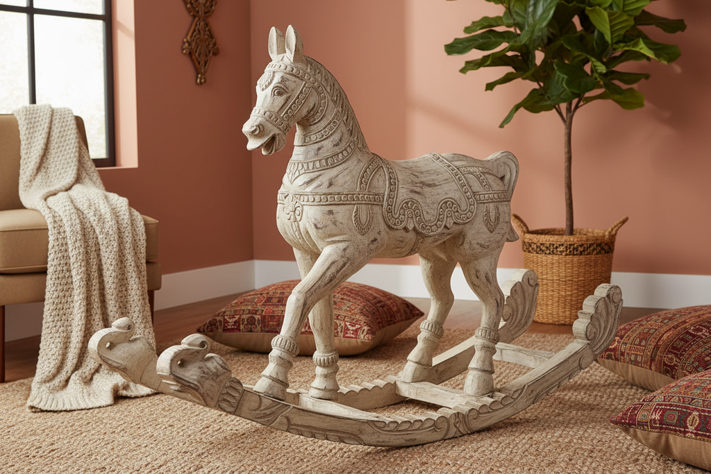 Hand-carved antique whitewash rocking horse – front-left angle in bohemian room
