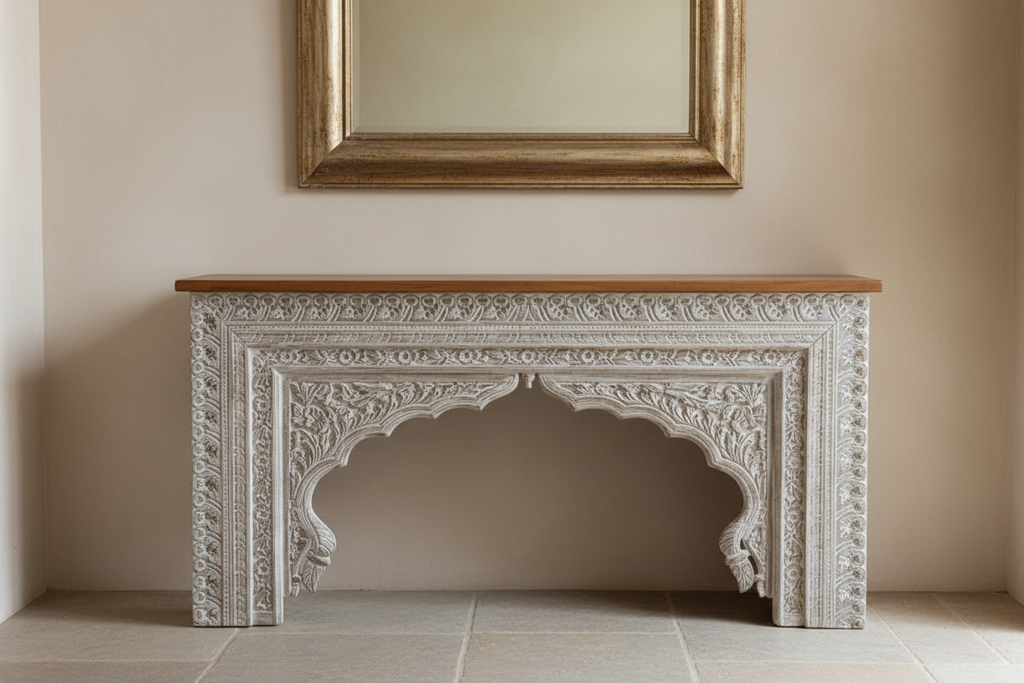 Hand-carved whitewash Mughal arch console table – front hero in warm entryway