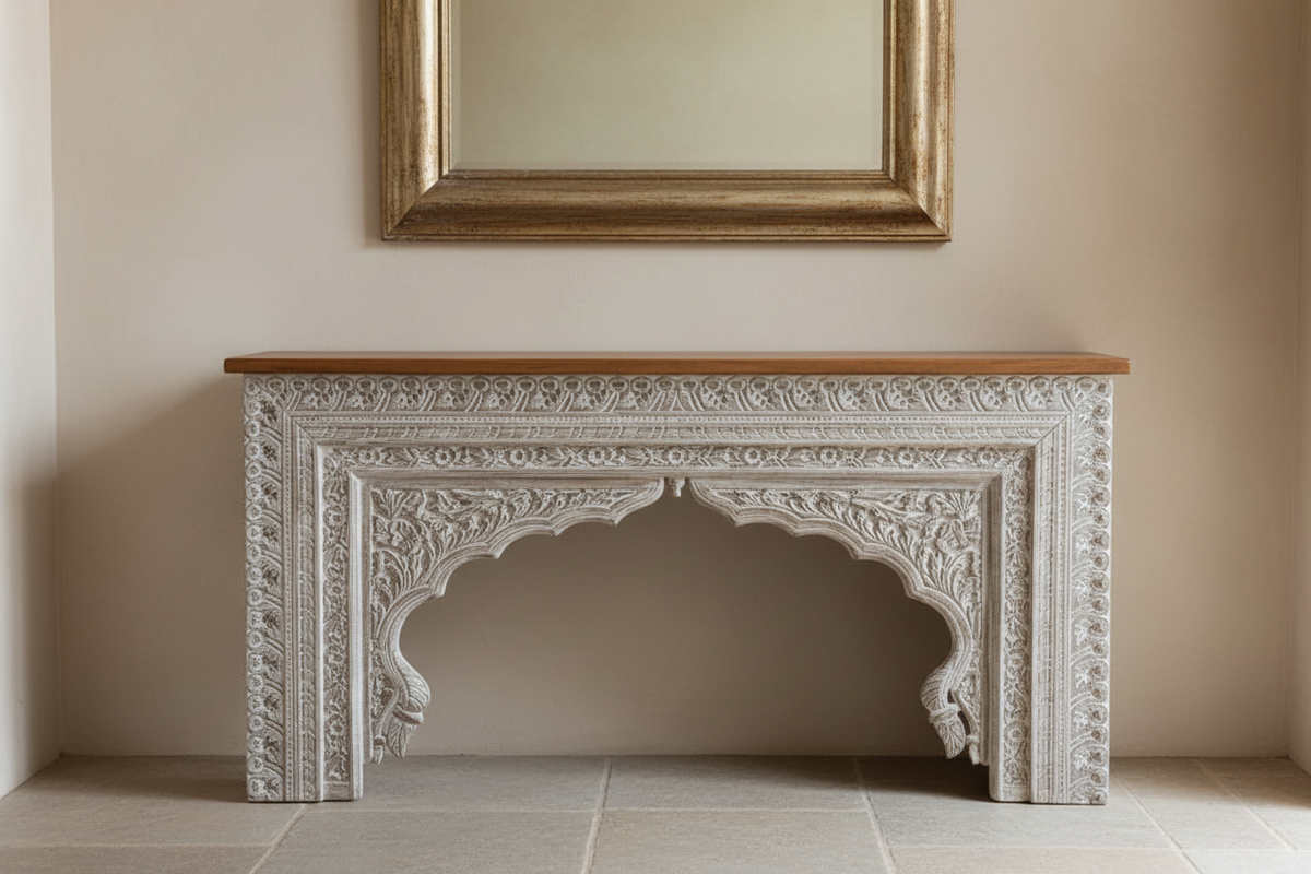 Hand-carved whitewash Mughal arch console table – front hero in warm entryway
