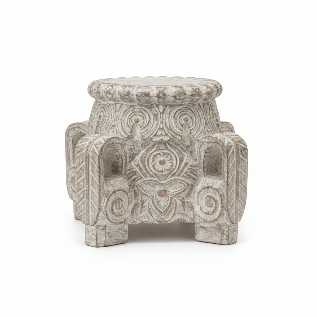 Antique white pedestal stool – front view white background