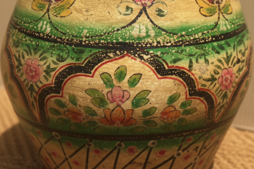 Close-up of medallion arch cartouche panel and crosshatch base detail on ivory cream metal planter