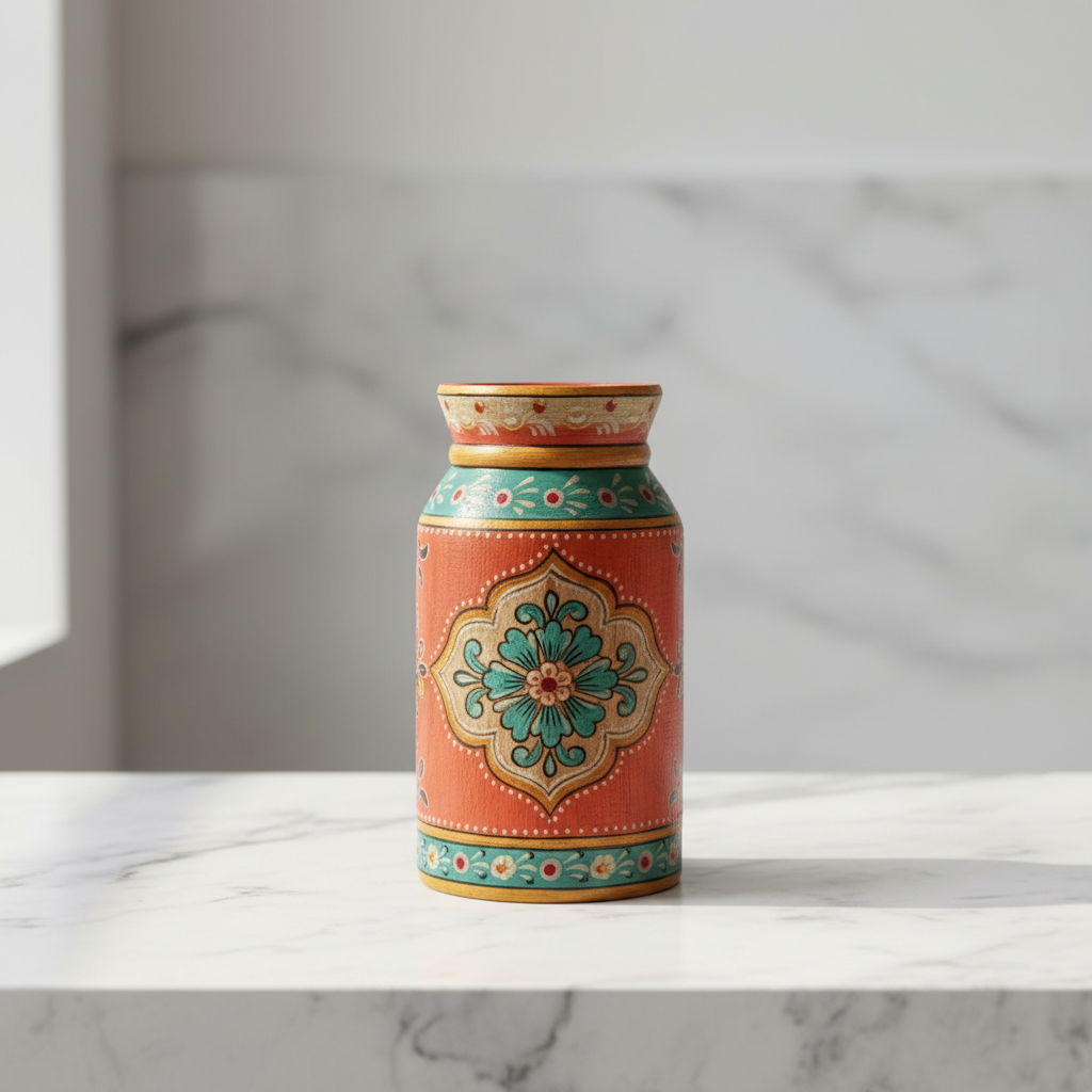 Single coral Rajasthani milk pot vase on minimalist marble surface