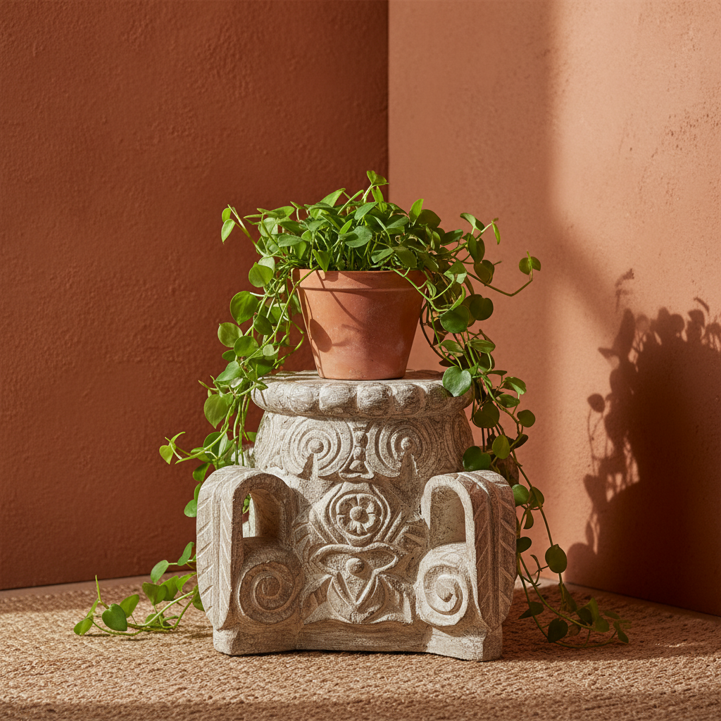 Antique white pedestal stool – plant stand in bohemian terracotta corner