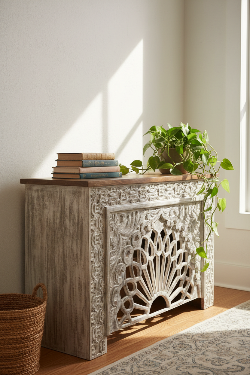 Hand-carved whitewash sunburst cabinet – right angle styled in bright bohemian room