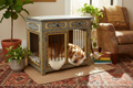 Rajasthani painted dog kennel in warm eclectic living room with dog resting inside