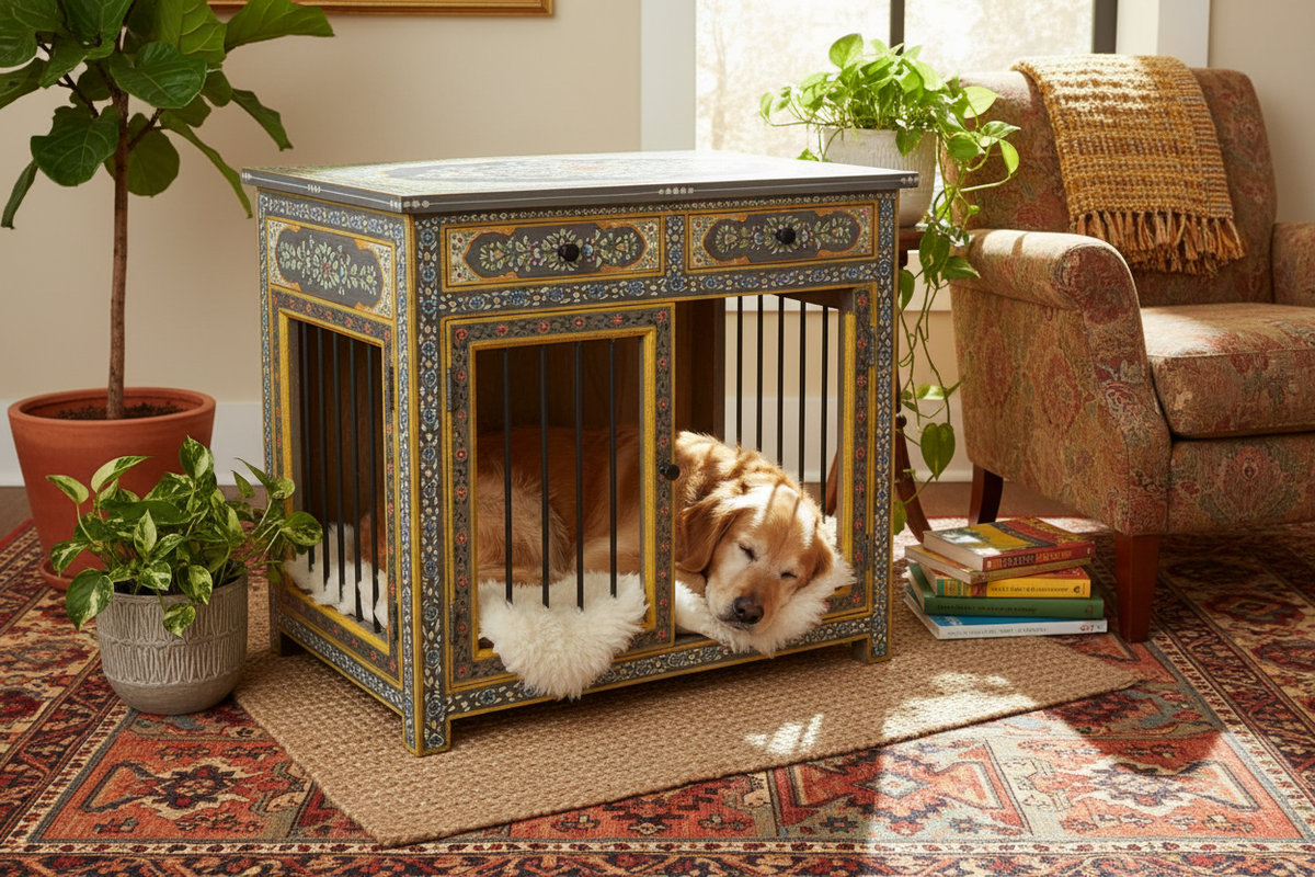 Rajasthani painted dog kennel in warm eclectic living room with dog resting inside