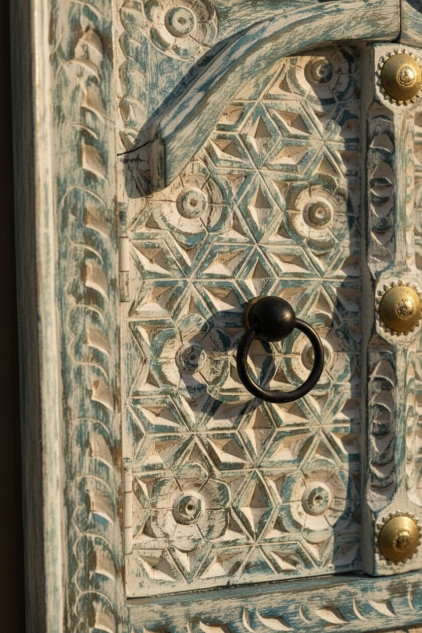 Close-up of dense star and floral geometric jali carving on blue-grey teal shutter panel