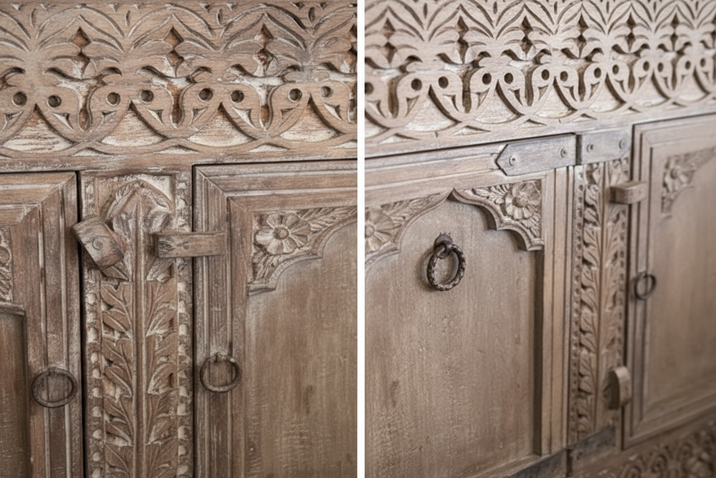 Close-up split detail: carved prancing horse in vine frieze corner and Mughal double-arch door panel with iron ring pull