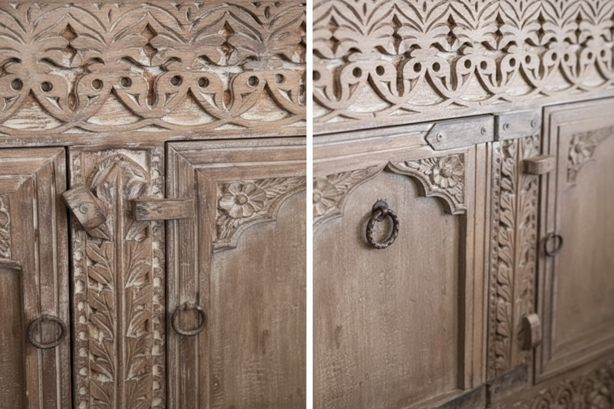 Close-up split detail: carved prancing horse in vine frieze corner and Mughal double-arch door panel with iron ring pull