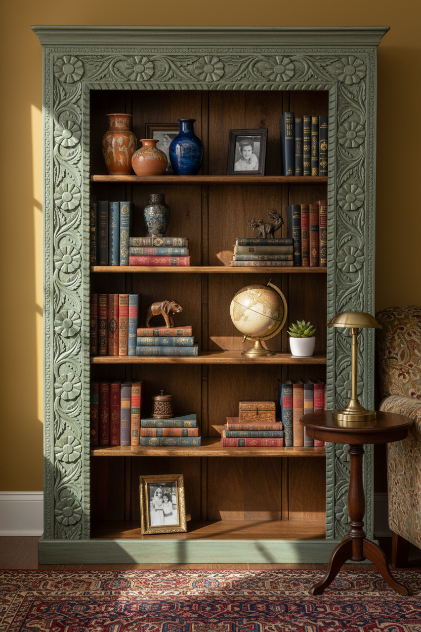 Teal carved bookcase – hero in warm eclectic library with books and decorative objects on shelves