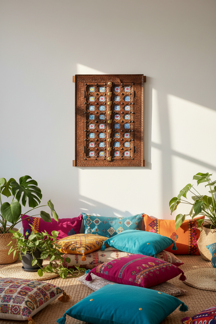 Hand-painted glass tile door wall panel – Moroccan-inspired living room