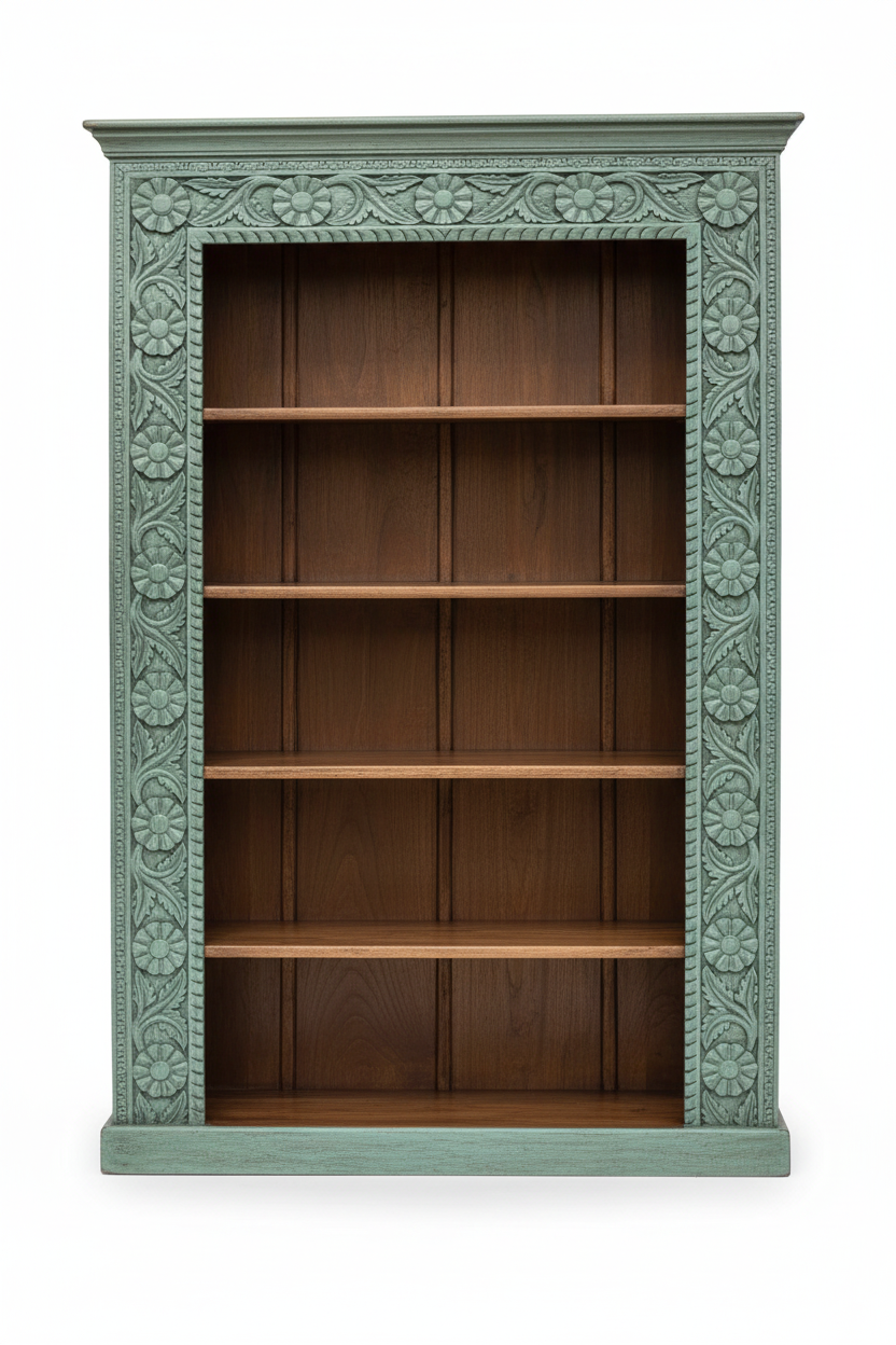 Teal carved bookcase – front view white background