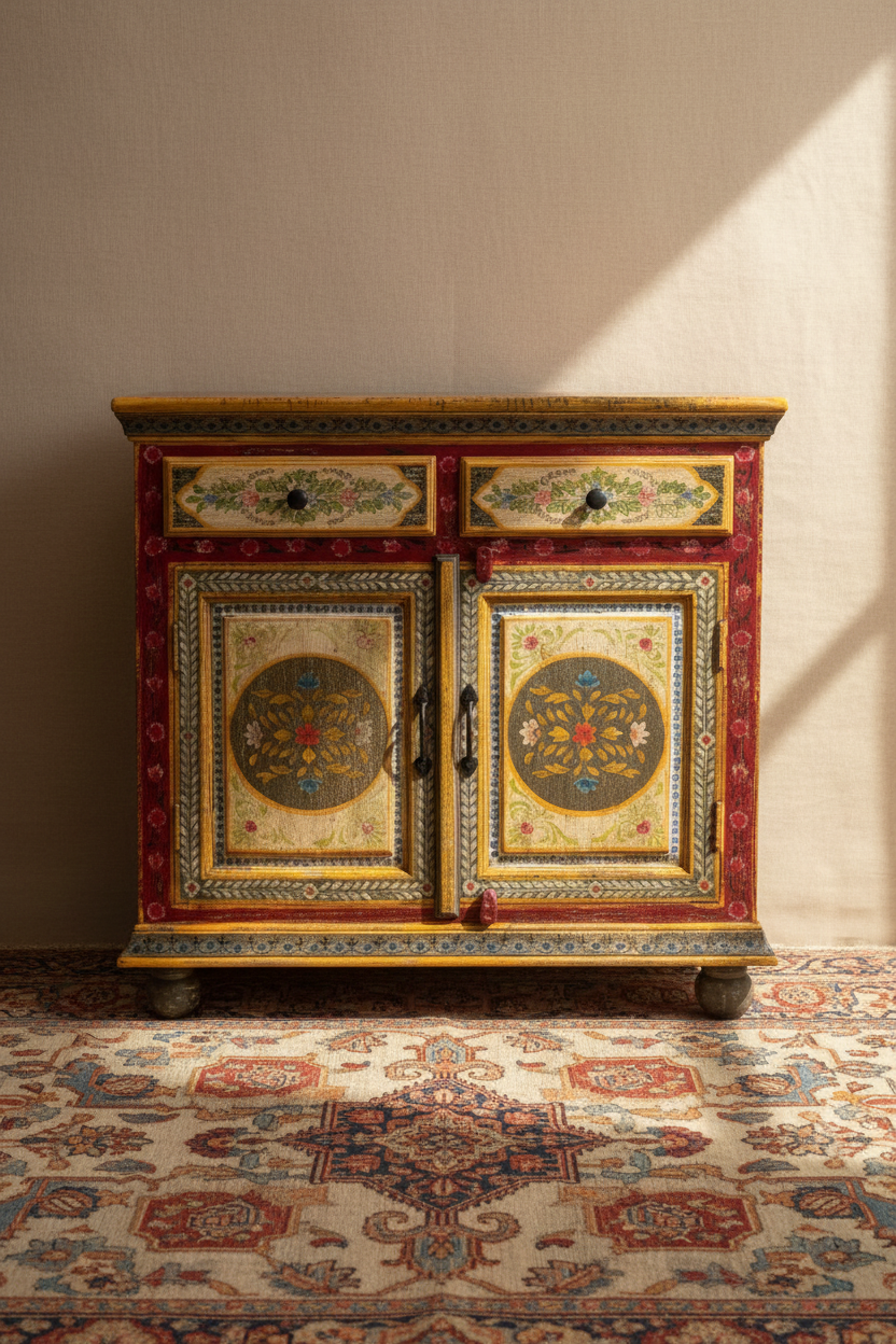 Hand-painted Rajasthani mandala sideboard – front view in warm living room