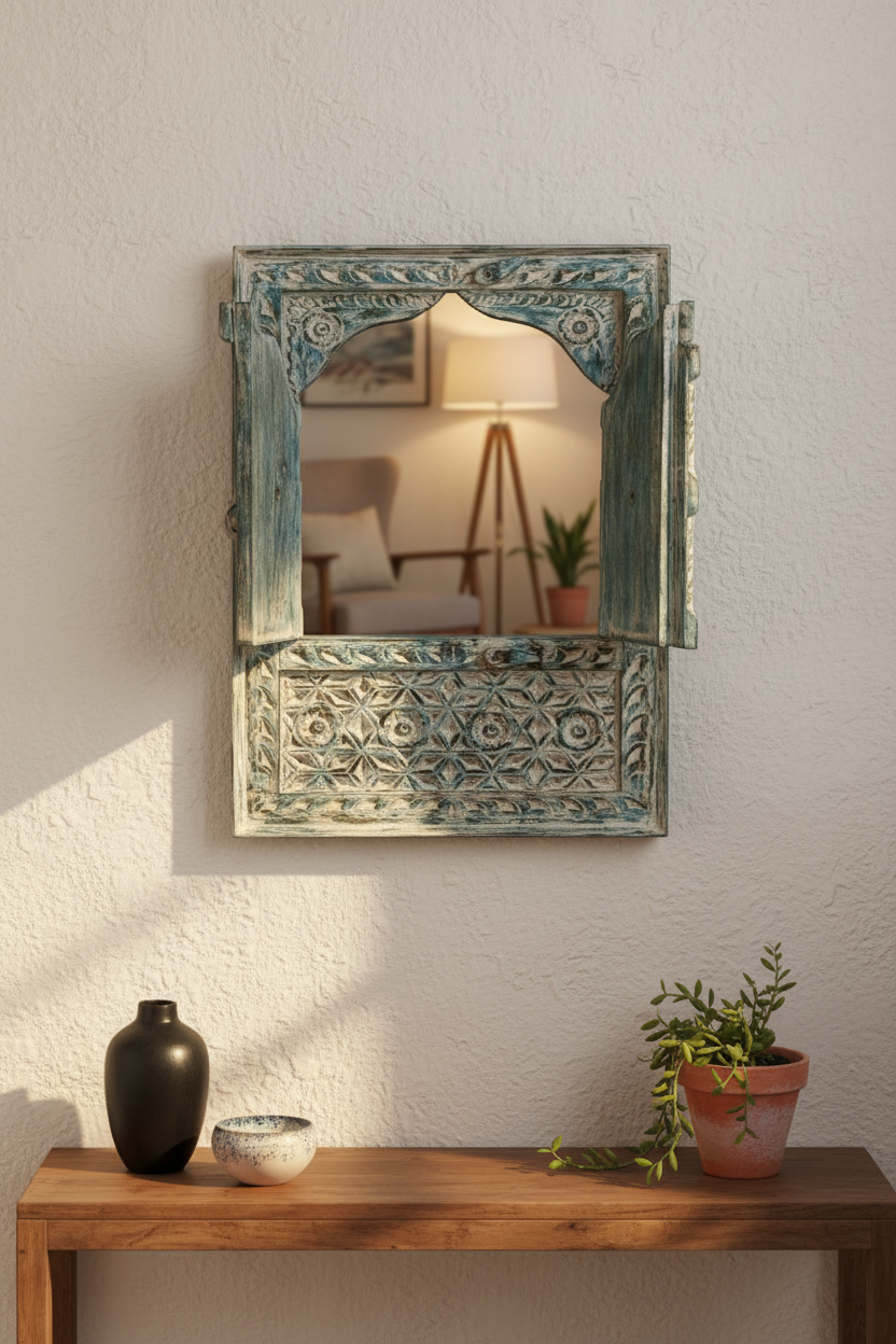 Blue-grey teal Jharokha mirror – closed on white plaster wall