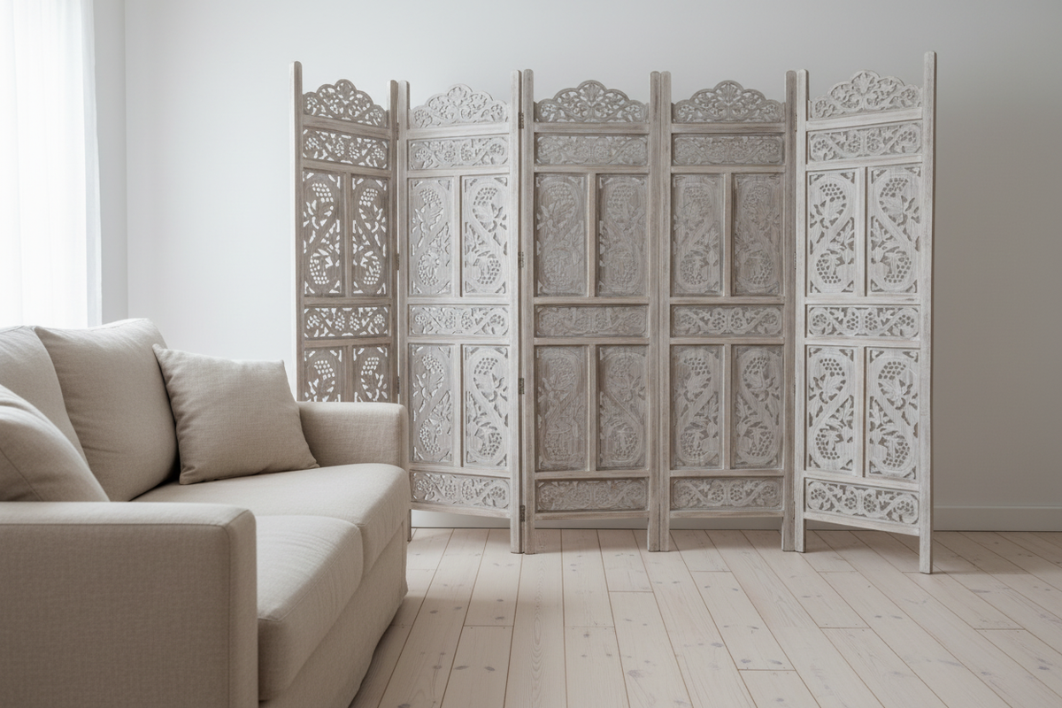 Whitewash floral vine room divider – hero fully open in Scandinavian living room