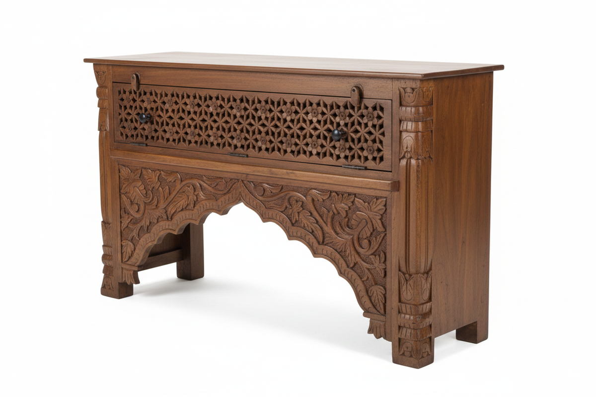 Hand-carved natural mango wood console table – elevated three-quarter white background