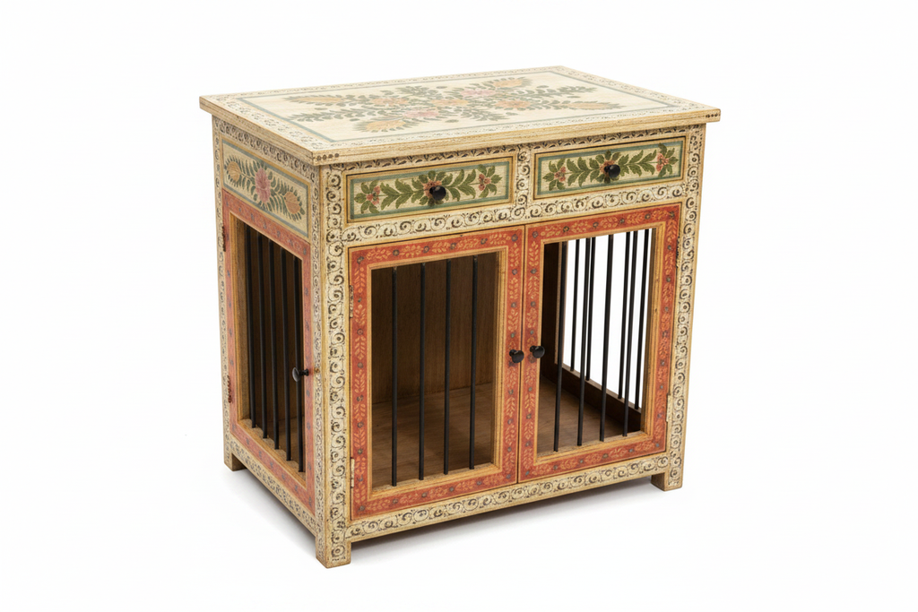 Ivory vine Rajasthani dog kennel 3/4 front angle on white background
