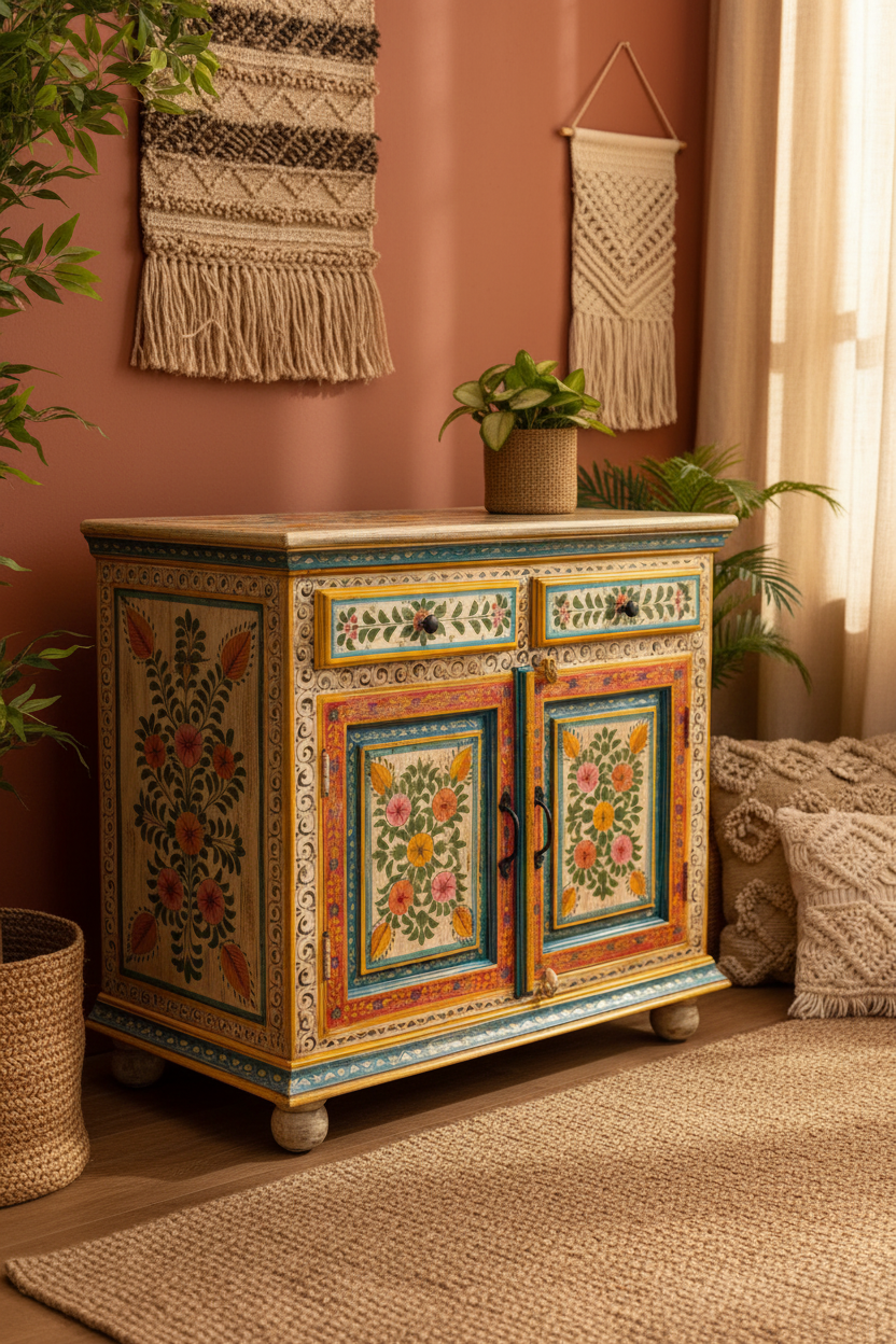 Hand-painted Rajasthani cabinet – left angle view in bohemian room