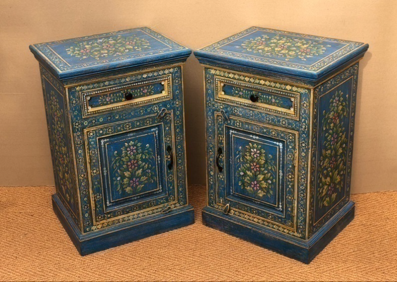 Original hand-painted Rajasthani cobalt blue bedside tables set of 2