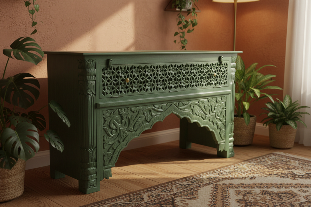 Hand-carved sage green console table – front-left angle in bohemian room