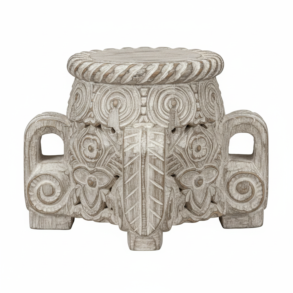 Antique white pedestal stool – elevated three-quarter white background